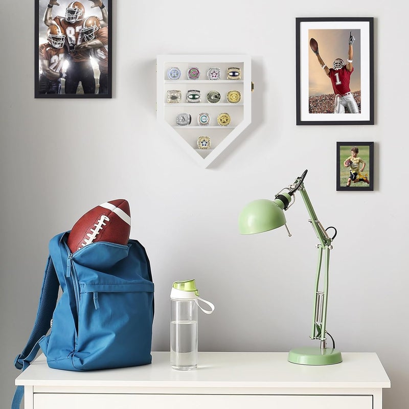 TJMOREE Championship Ring Display Case, 12 Ring Posts Baseball Ring Display Case, Wall Mount Wooden Glass Shadow Box with Locks to Show Sport, Class, Fraternity, and Award Rings - White - Image 4